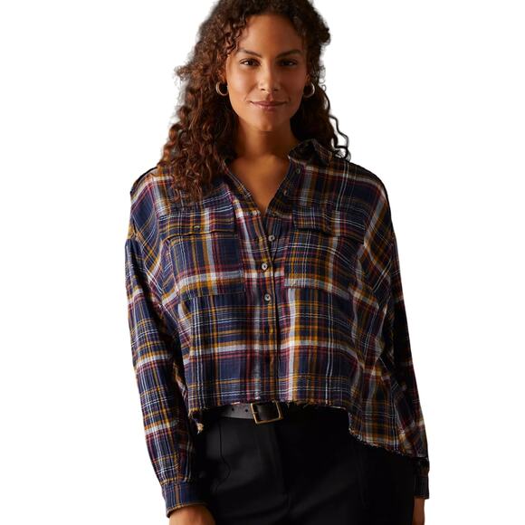 Pilcro Cropped Plaid Button Up Shirt Sz S Anthropologie High Low Frayed Hem Boxy - Picture 1 of 12